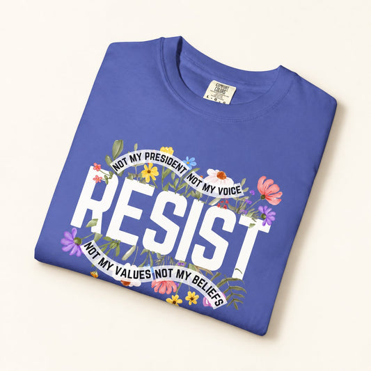 Resist Floral T-Shirt, product photo on warm off-white background