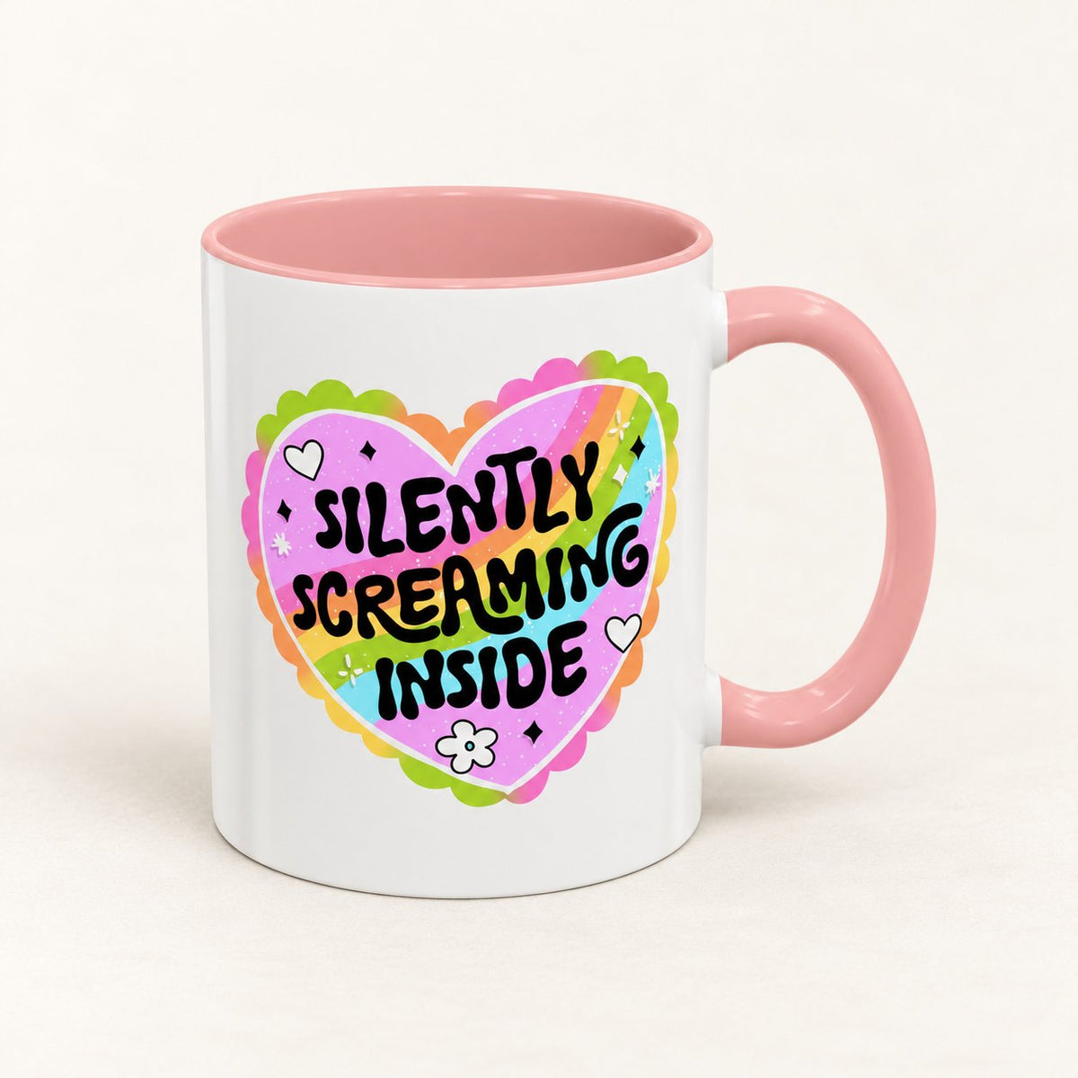 Silently Screaming Inside Coffee Mug on warm off-white background