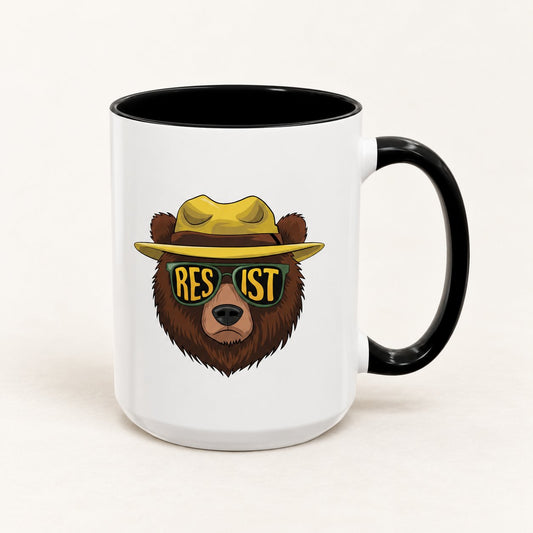 Smokey the Bear Resist Coffee Mug, 15 oz, on a warm off-white background