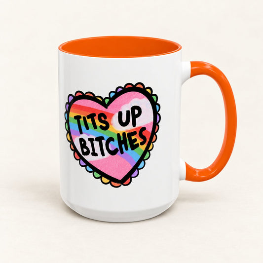 Teetees Up Bitches Coffee Mug, 15 oz, on a warm off-white background