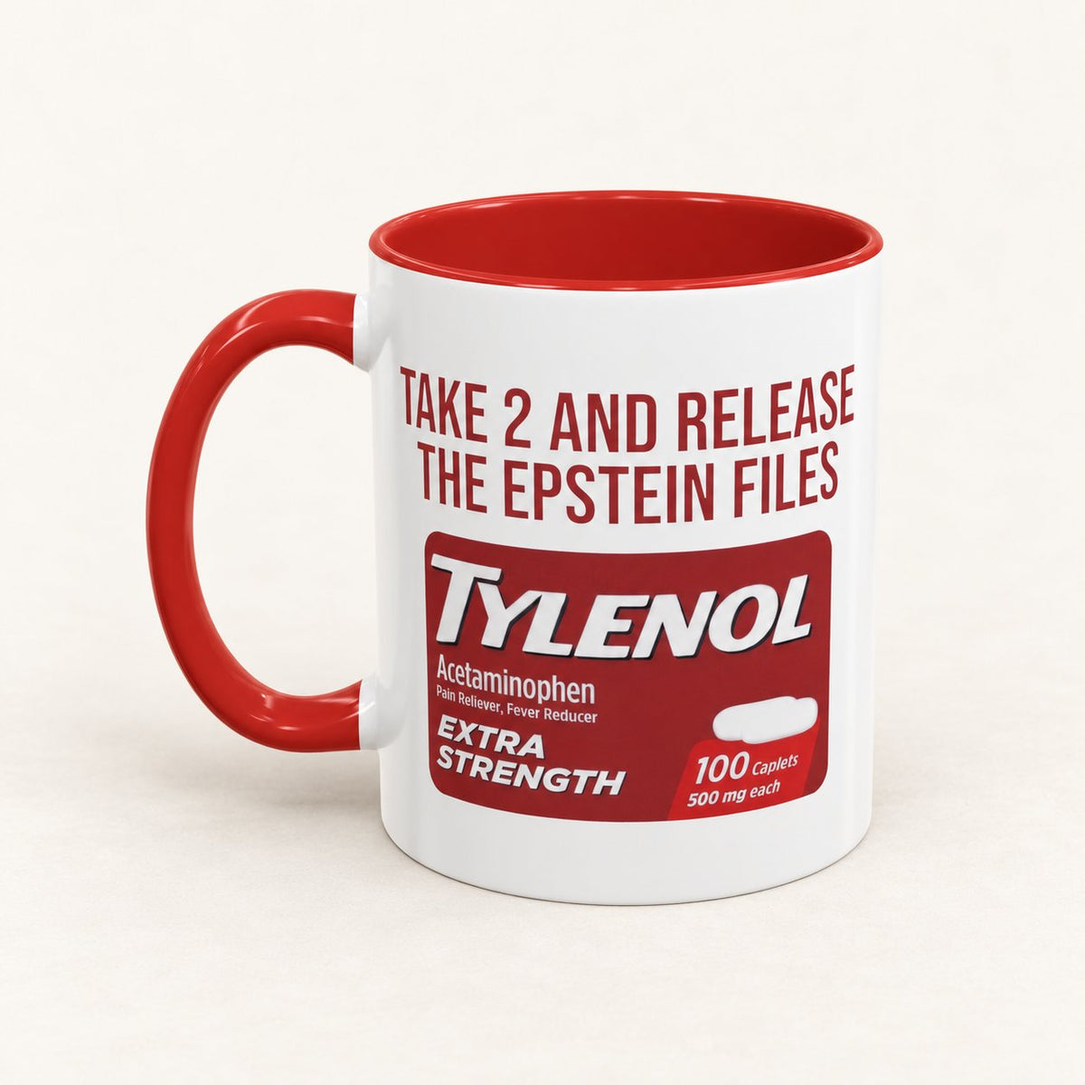 Take 2 and Release the Epstein Files Coffee Mug on warm off-white background