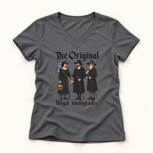 The Original Illegal Immigrants V-Neck T-Shirt in Graphite Heather, flat lay on warm off-white background
