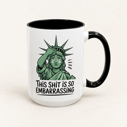 This Is Embarrassing Coffee Mug, product view on warm off-white