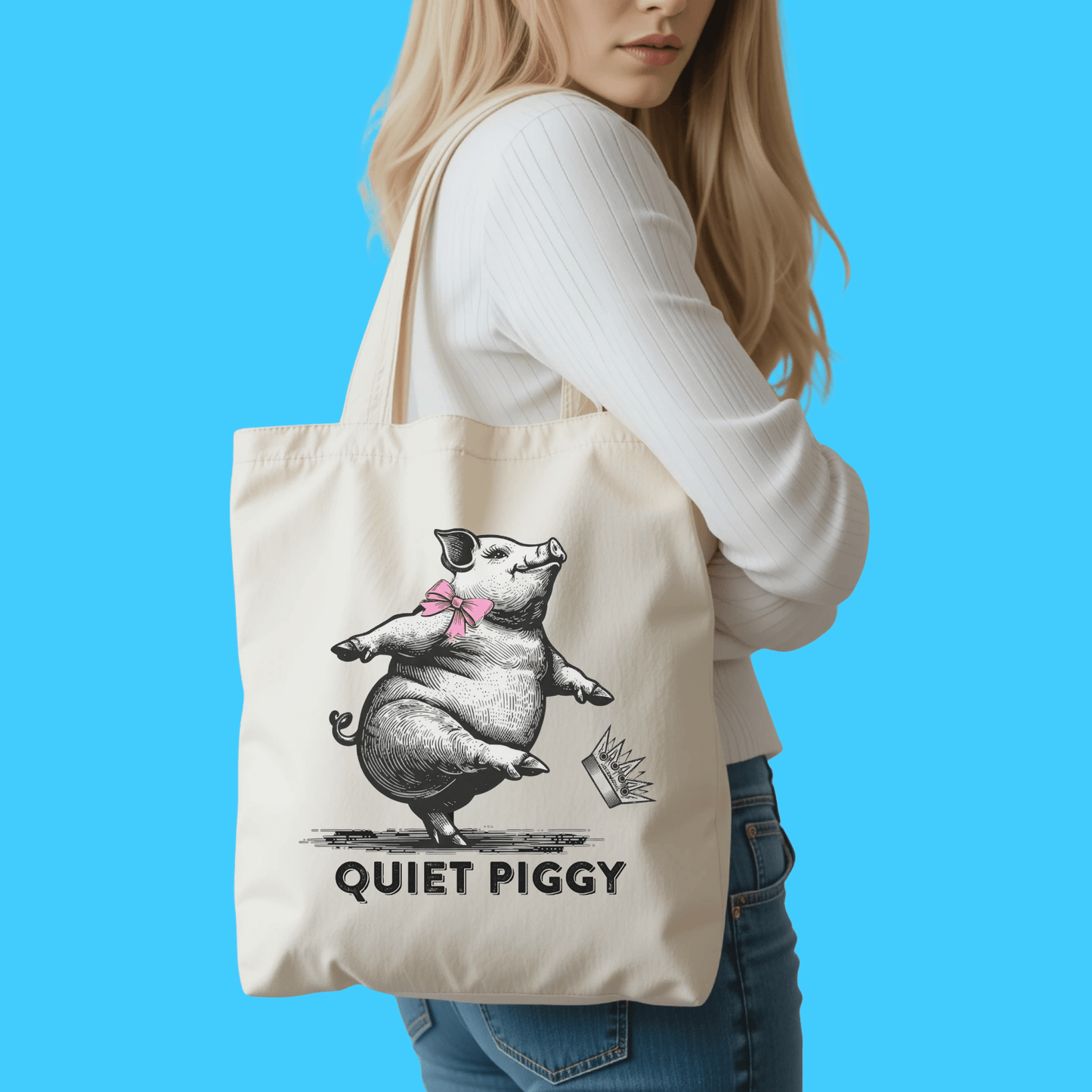 Vintage Pig Illustration Quiet Piggy Canvas Tote Bag - Resist Supply