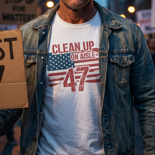 Man holding a protest sign with 'RESIST 47' at a rally, wearing a shirt with 'Clean Up on Aisle 47' and American flag design.