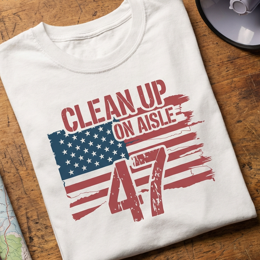 White t-shirt with American flag and text 'Clean Up On Aisle 47' on a wooden surface.
