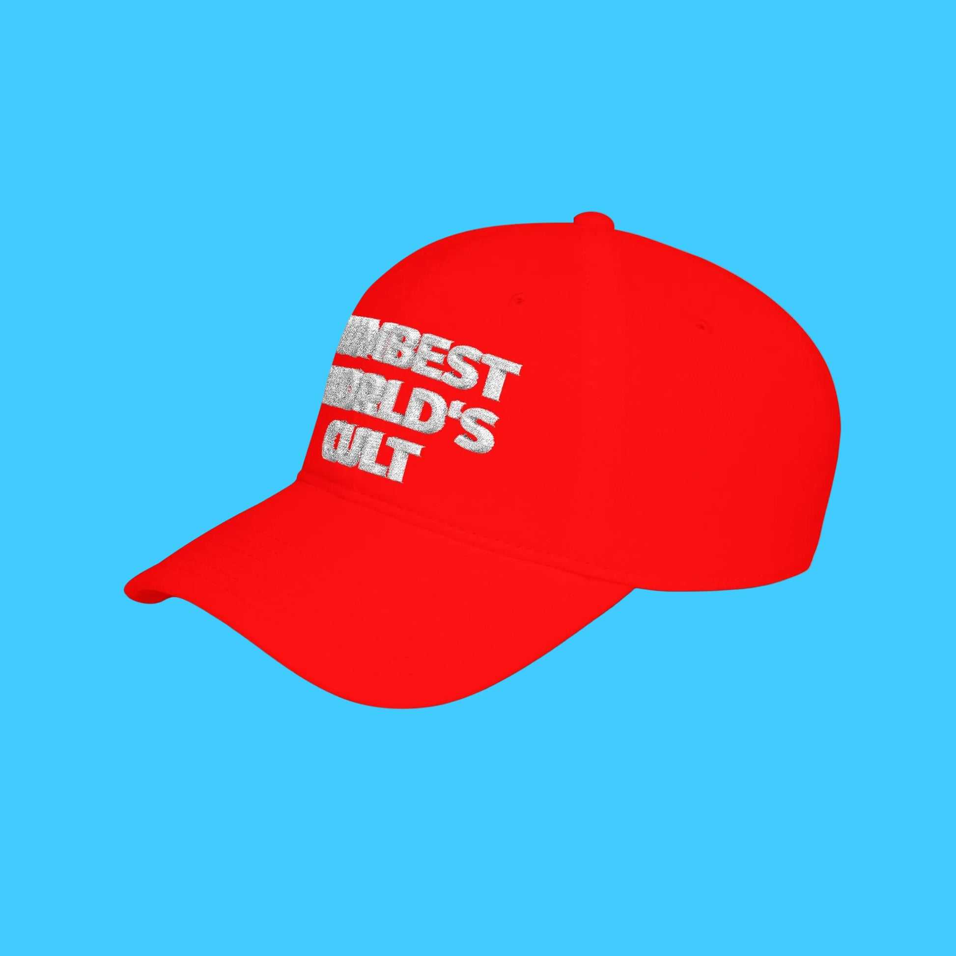 Red cap with white text on a white background