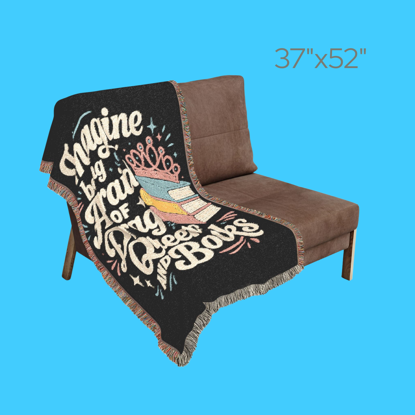 Woven Cotton Blanket – Cozy Reading Throw with Colorful Fringed Edges & Stacked Book Illustration