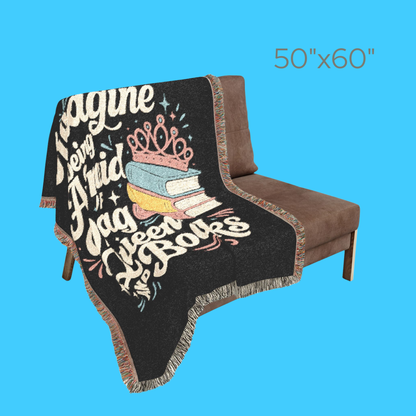 Woven Cotton Blanket – Cozy Reading Throw with Colorful Fringed Edges & Stacked Book Illustration