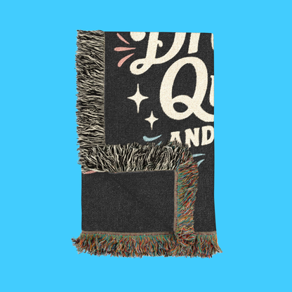 Woven Cotton Blanket – Cozy Reading Throw with Colorful Fringed Edges & Stacked Book Illustration