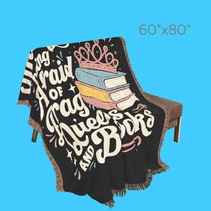 Woven Cotton Blanket – Cozy Reading Throw with Colorful Fringed Edges & Stacked Book Illustration