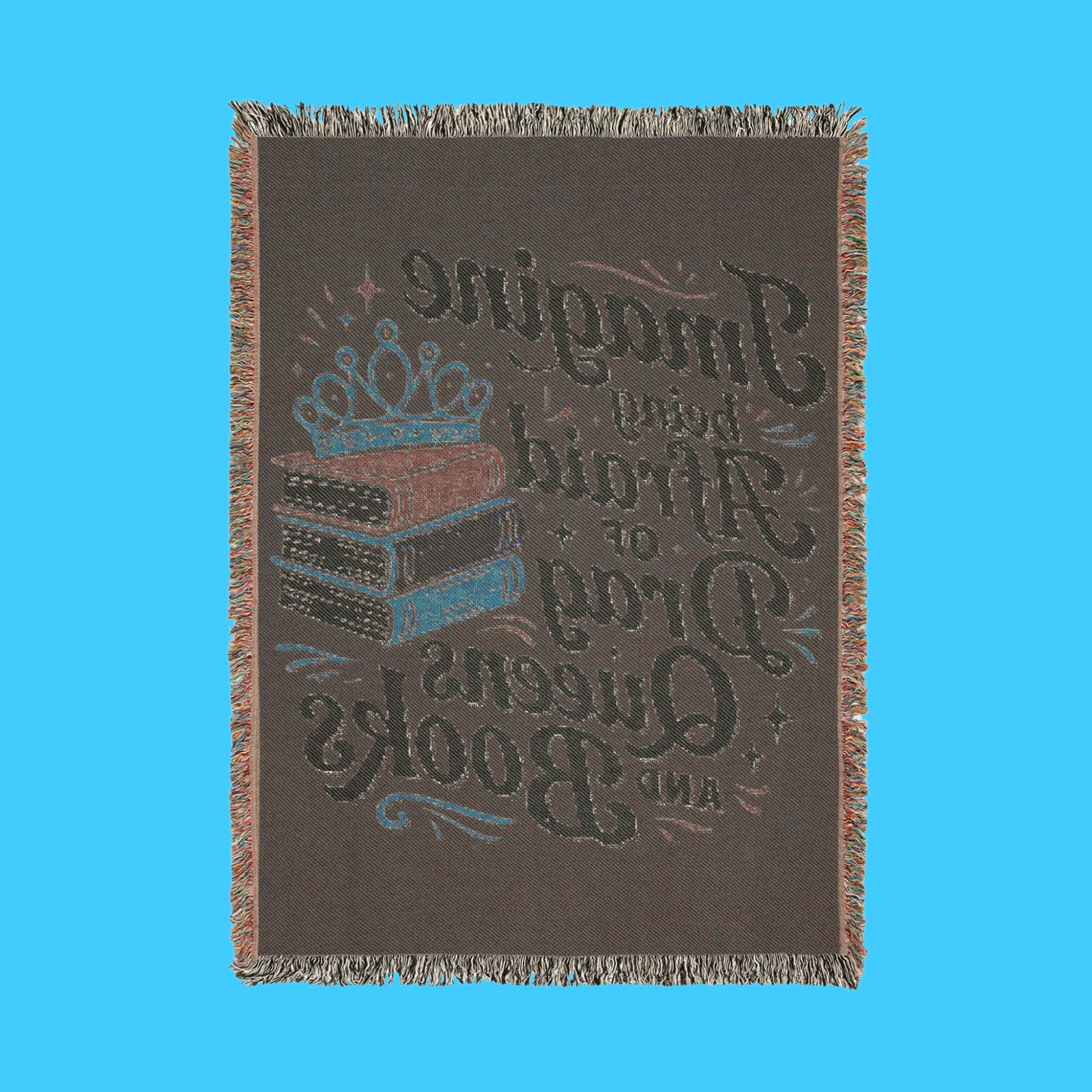 Woven Cotton Blanket – Cozy Reading Throw with Colorful Fringed Edges & Stacked Book Illustration