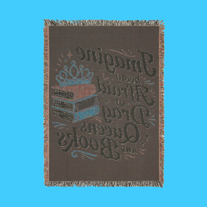 Woven Cotton Blanket – Cozy Reading Throw with Colorful Fringed Edges & Stacked Book Illustration