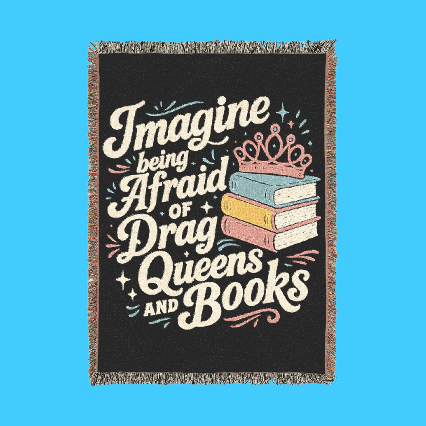 Woven Cotton Blanket – Cozy Reading Throw with Colorful Fringed Edges & Stacked Book Illustration