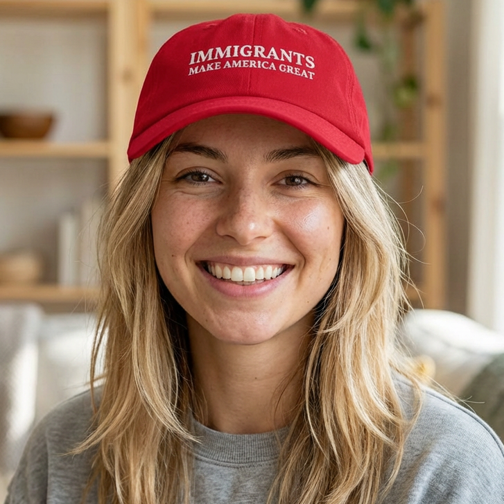 Person wearing a red cap with 'IMMIGRANTS MAKE AMERICA GREAT' text in a casual indoor setting.