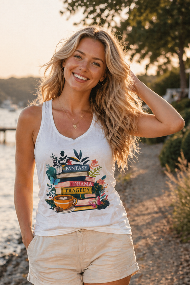 Woman in a tank top and shorts standing by a waterfront path