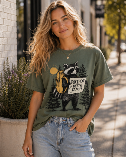 Foxtrot Delta Tango Raccoon T-Shirt – Garment Dyed Vintage Tee | Funny Political Outdoor Shirt