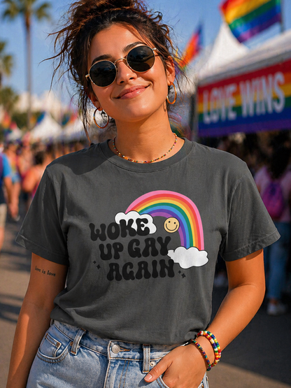 Woke Up Gay Again T-Shirt – Lightweight Cotton Tee | Funny LGBTQ Pride Statement Shirt