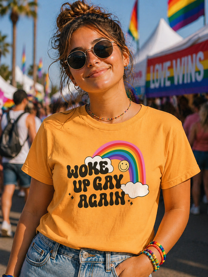 Woke Up Gay Again T-Shirt – Lightweight Cotton Tee | Funny LGBTQ Pride Statement Shirt