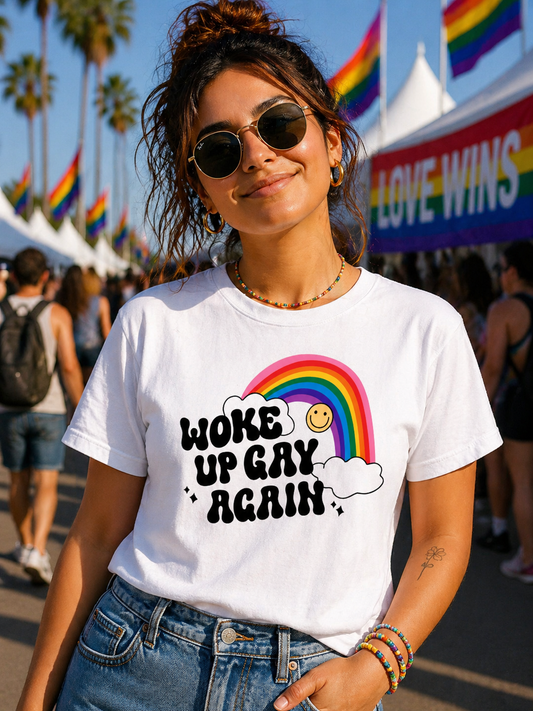 Woke Up Gay Again T-Shirt – Lightweight Cotton Tee | Funny LGBTQ Pride Statement Shirt