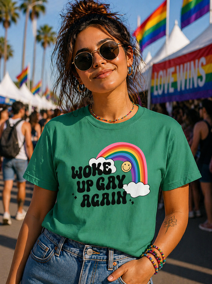 Woke Up Gay Again T-Shirt – Lightweight Cotton Tee | Funny LGBTQ Pride Statement Shirt