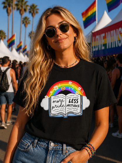 More Pride Less Prejudice T-Shirt – Lightweight Cotton Tee | LGBTQ Pride Activist Statement Shirt