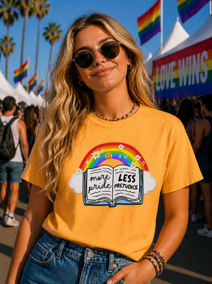 More Pride Less Prejudice T-Shirt – Lightweight Cotton Tee | LGBTQ Pride Activist Statement Shirt