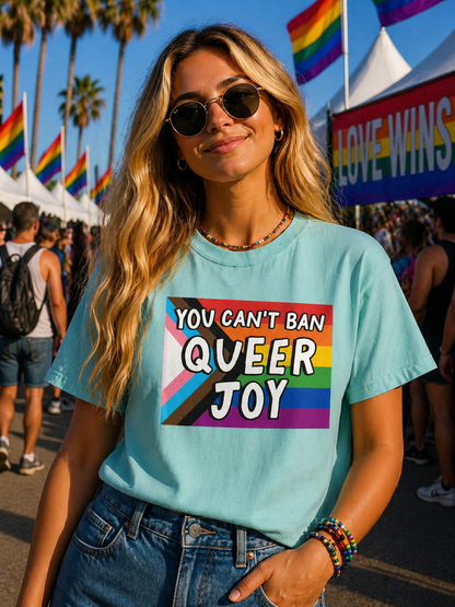 You Can’t Ban Queer Joy T-Shirt – Lightweight Cotton Tee | LGBTQ Pride Statement Activist Shirt
