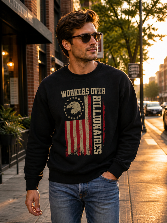 Workers Over Billionaires Vintage Flag Crewneck Sweatshirt – Durable Cotton Blend Pullover | Labor Rights Blue Collar Activist Sweatshirt