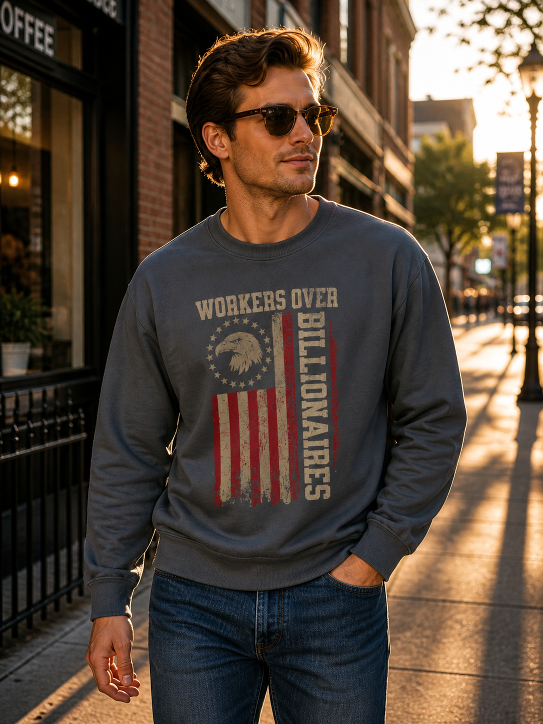 Workers Over Billionaires Vintage Flag Crewneck Sweatshirt – Durable Cotton Blend Pullover | Labor Rights Blue Collar Activist Sweatshirt