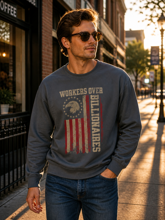 Workers Over Billionaires Vintage Flag Crewneck Sweatshirt – Durable Cotton Blend Pullover | Labor Rights Blue Collar Activist Sweatshirt