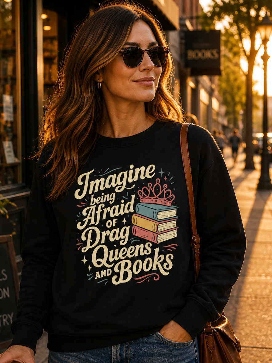 Woman wearing a black sweatshirt with a colorful graphic and text, standing on a street with bookstores.
