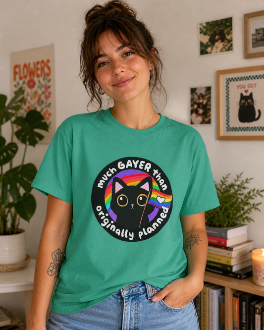 Much Gayer Than Originally Planned T-Shirt – Lightweight Cotton Tee | Funny LGBTQ Pride Shirt