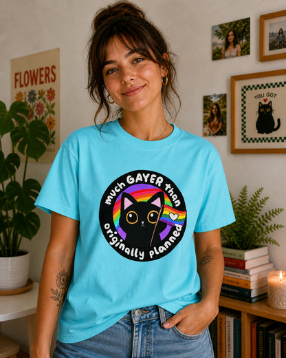 Much Gayer Than Originally Planned T-Shirt – Lightweight Cotton Tee | Funny LGBTQ Pride Shirt