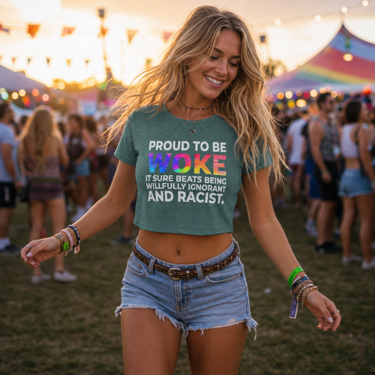 Proud to Be Woke Crop Top – Lightweight Festival Tee | Feminist Anti-Racist Statement Top