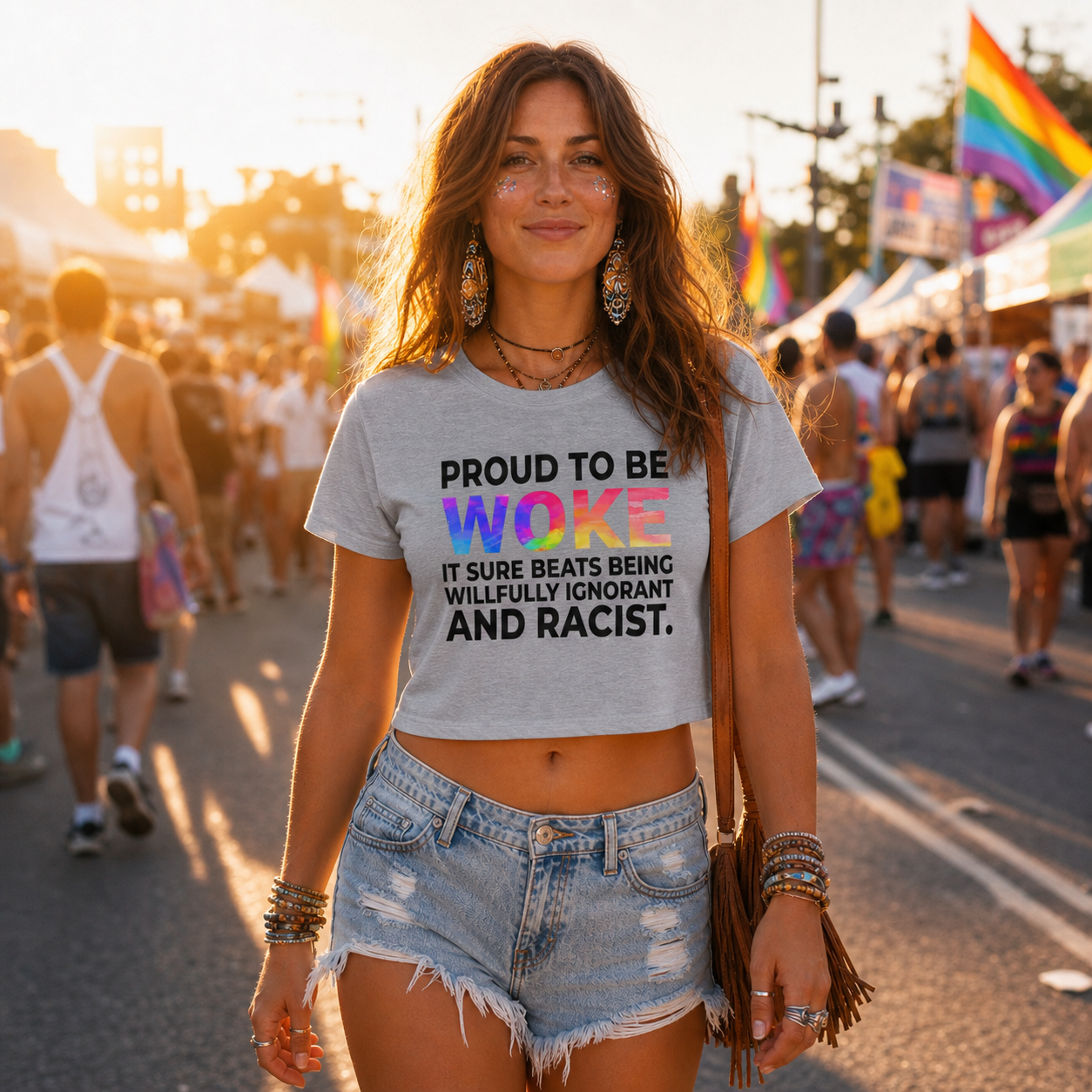 Proud to Be Woke Crop Top – Lightweight Festival Tee | Feminist Anti-Racist Statement Top