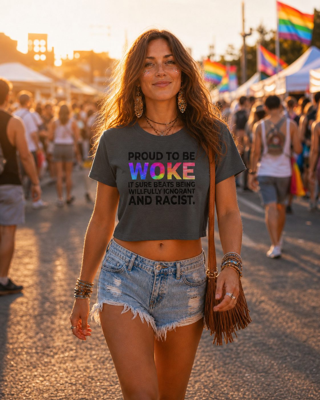 Proud to Be Woke Crop Top – Lightweight Festival Tee | Feminist Anti-Racist Statement Top