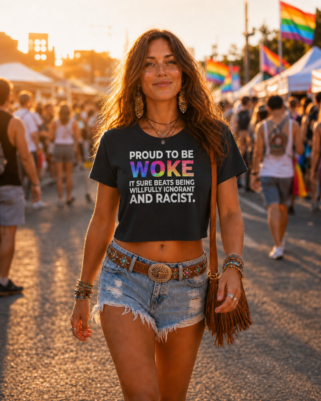 Proud to Be Woke Crop Top – Lightweight Festival Tee | Feminist Anti-Racist Statement Top
