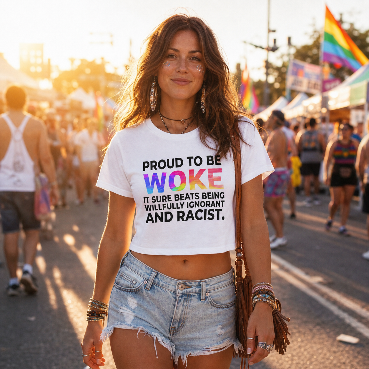 Proud to Be Woke Crop Top – Lightweight Festival Tee | Feminist Anti-Racist Statement Top
