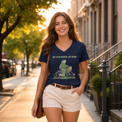 Off to Be Radical Left Scum Frog Bike V-Neck T-Shirt – Lightweight Cotton Tee | Funny Political Activist V-Neck Shirt