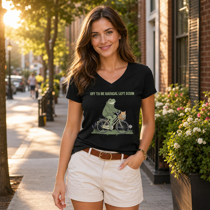 Off to Be Radical Left Scum Frog Bike V-Neck T-Shirt – Lightweight Cotton Tee | Funny Political Activist V-Neck Shirt