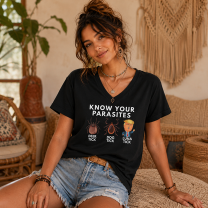 Know Your Parasites V-Neck T-Shirt – Lightweight Cotton Tee | Funny Deer Tick Dog Tick Luna Tick Humor Shirt