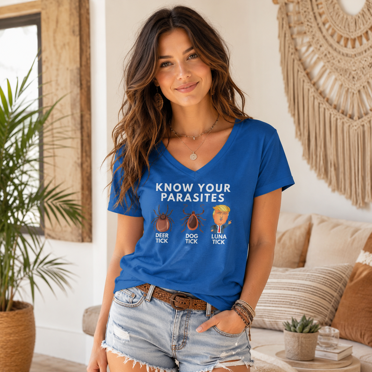 Know Your Parasites V-Neck T-Shirt – Lightweight Cotton Tee | Funny Deer Tick Dog Tick Luna Tick Humor Shirt
