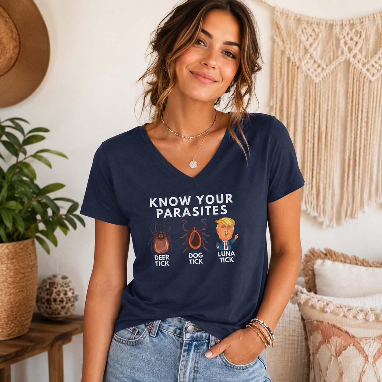 Know Your Parasites V-Neck T-Shirt – Lightweight Cotton Tee | Funny Deer Tick Dog Tick Luna Tick Humor Shirt