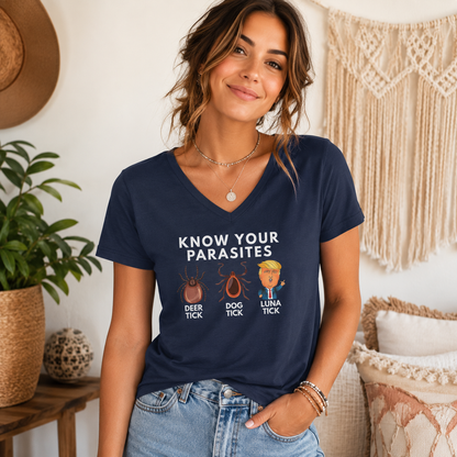 Know Your Parasites V-Neck T-Shirt – Lightweight Cotton Tee | Funny Deer Tick Dog Tick Luna Tick Humor Shirt