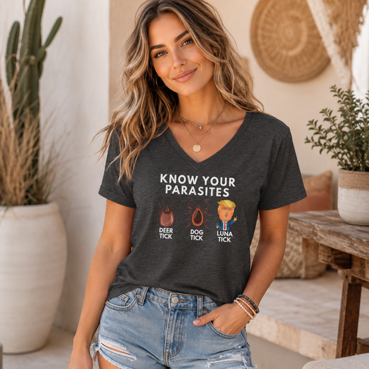 Know Your Parasites V-Neck T-Shirt – Lightweight Cotton Tee | Funny Deer Tick Dog Tick Luna Tick Humor Shirt