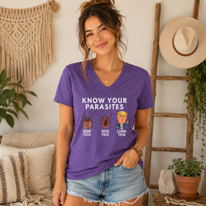 Know Your Parasites V-Neck T-Shirt – Lightweight Cotton Tee | Funny Deer Tick Dog Tick Luna Tick Humor Shirt