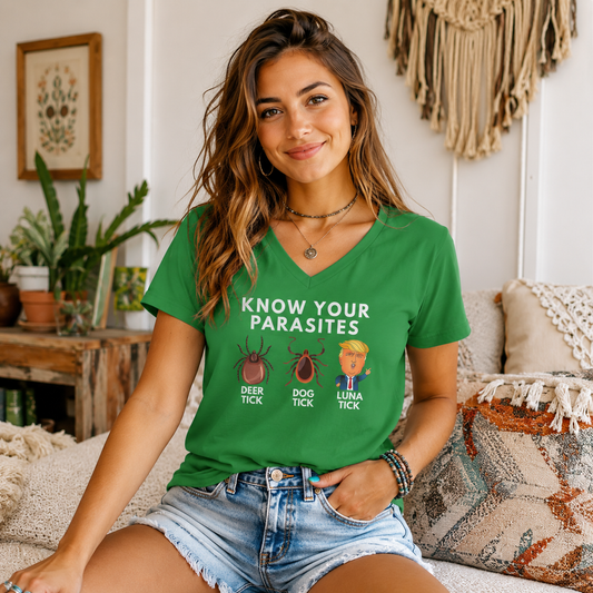 Know Your Parasites V-Neck T-Shirt – Lightweight Cotton Tee | Funny Deer Tick Dog Tick Luna Tick Humor Shirt