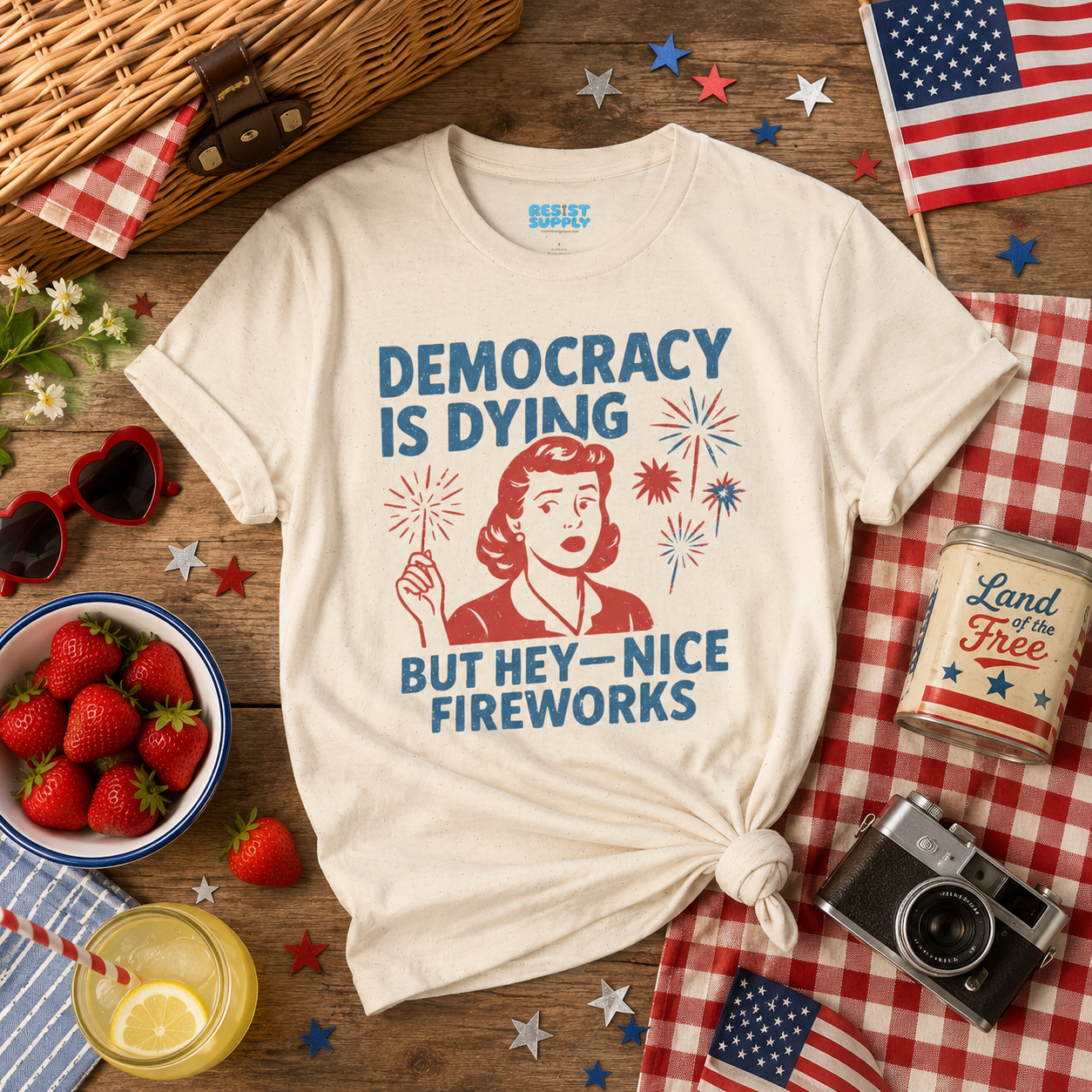 Democracy Is Dying Retro Political Graphic Tee (But Hey—Nice Fireworks)