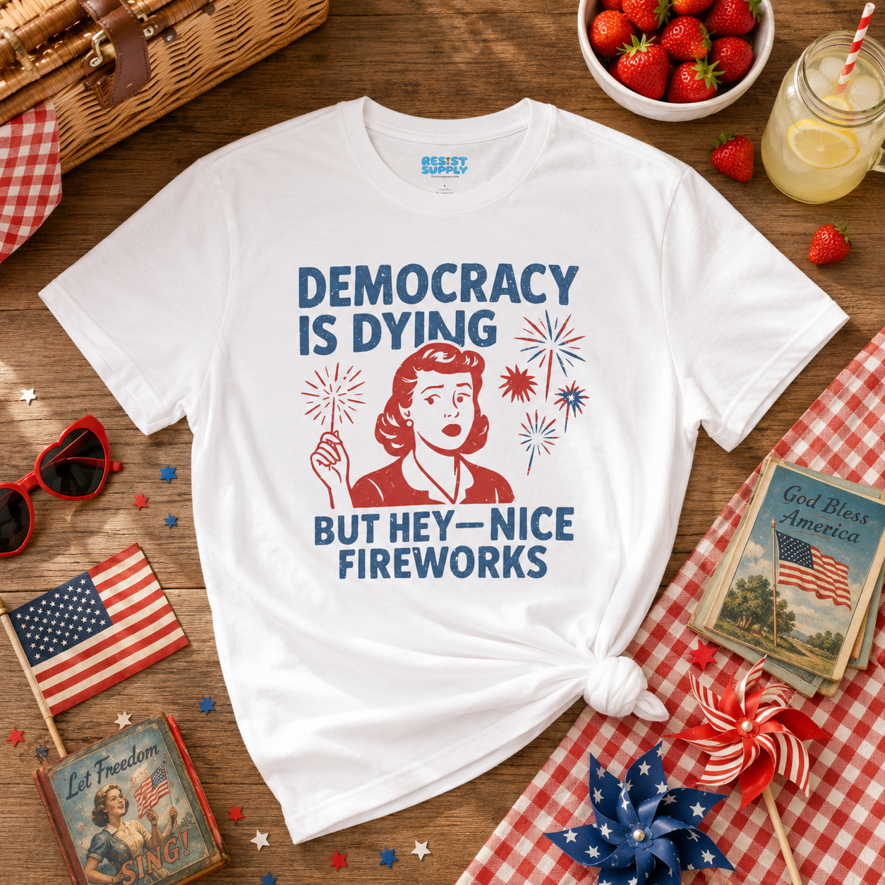 Democracy Is Dying Retro Political Graphic Tee (But Hey—Nice Fireworks)